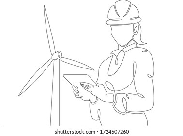 One continuous line drawing minimal female engineer with a tablet in a helmet against the background of a wind power station, clean renewable energy,windmill.Single hand drawn art line outline 
