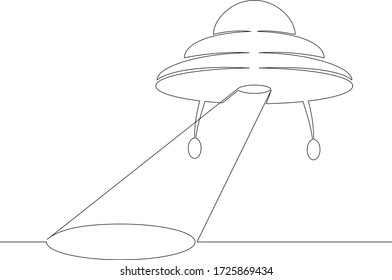 One continuous line drawing minimal hand UFO flying in the sky, shining a beam to the ground  .Single hand drawn art line doodle outline isolated.