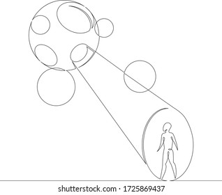 One continuous line drawing minimal hand UFO flying in the sky, attracts ray silhouette of a man .Single hand drawn art line doodle outline isolated.