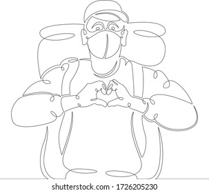 One continuous line drawing minimal hand courier with a backpack shows a heart with his hands .Single hand drawn art line doodle outline isolated.