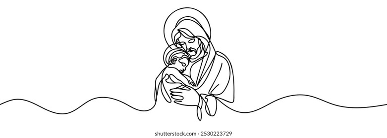 Un dibujo de línea continua de un mínimo Jesucristo sosteniendo a un bebé en sus brazos