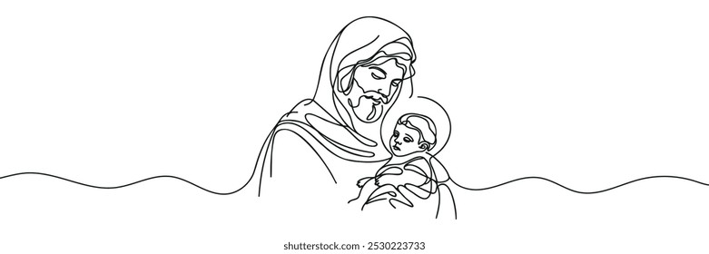 One continuous line drawing of a minimal Jesus Christ holding a baby in his arms