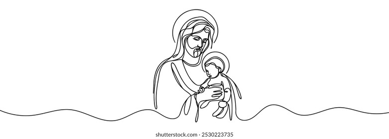 One continuous line drawing of a minimal Jesus Christ holding a baby in his arms