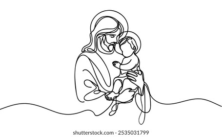 One continuous line drawing of a minimal Jesus Christ holding a baby in his arms.