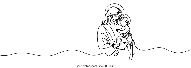 Un dibujo de línea continua de un mínimo Jesucristo sosteniendo a un bebé en sus brazos.