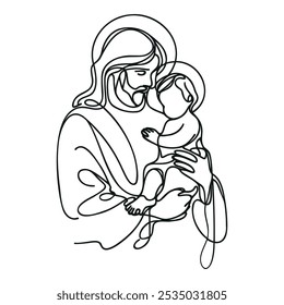 One continuous line drawing of a minimal Jesus Christ holding a baby in his arms.