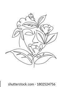 One continuous line drawing minimalist beauty nature cosmetic hairstyle. Flower bouquet in woman head abstract face concept. Wall decor print. Single line art draw design graphic vector illustration