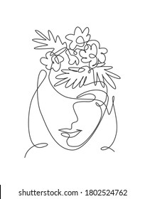 One continuous line drawing minimalist beauty nature cosmetic hairstyle. Flower bouquet in woman head abstract face concept. Wall decor print. Single line art draw design graphic vector illustration
