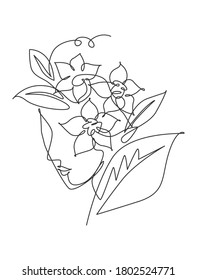 One continuous line drawing minimalist beauty nature cosmetic hairstyle. Flower bouquet in woman head abstract face concept. Wall decor print. Single line art draw design graphic vector illustration