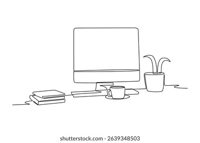 One continuous line drawing of minimalist work space at home. Work space table concept. Single line draw design illustration