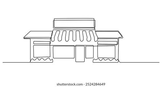 one continuous line drawing of minimarket.single line icon of minimarket building seen from the front.one line vector illustration.isolated white background