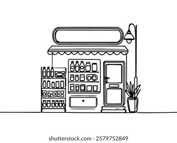 one continuous line drawing of minimarket.single line icon of minimarket building seen from the front.one line vector illustration.isolated white background