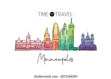 One continuous line drawing Minneapolis city skyline, United States of America. Beautiful landmark. World landscape vacation poster. Editable stylish stroke single line draw design vector illustration