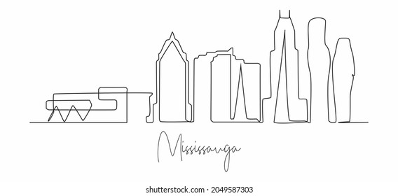 One continuous line drawing Mississauga city skyline, Canada. Beautiful landmark postcard. World landscape tourism travel vacation. Editable stylish stroke single line draw design vector illustration