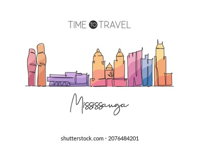 Una línea continua dibujando el perfil de la ciudad de Mississauga, Canadá. Hermosa postal histórica. Vacaciones de turismo paisajístico mundial. Dibujo de línea simple de trazo elegante editable ilustración vectorial