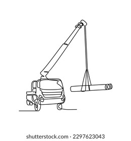 One continuous line drawing of mobile crane in the site project . Construction Project design concept with simple linear style. Construction Project vector design illustration concept