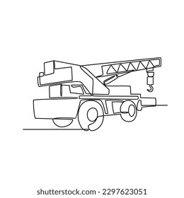 Un dibujo continuo de la grúa móvil en el proyecto del sitio . Concepto del proyecto de construcción con un estilo lineal simple. Concepto de ilustración del diseño del vector del proyecto de construcción
