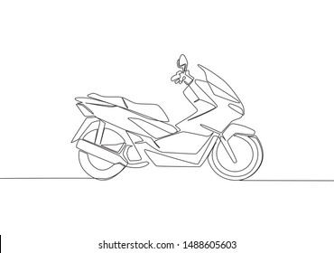 One continuous line drawing of modern luxury Asian underbone motorbike logo. Big automatic motorcycle concept. Single line draw design vector illustration