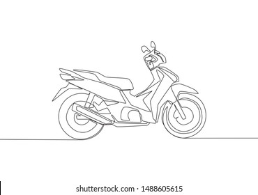 One continuous line drawing of modern Asian underbone motorbike logo. Urban motorcycle concept. Single line draw design vector illustration