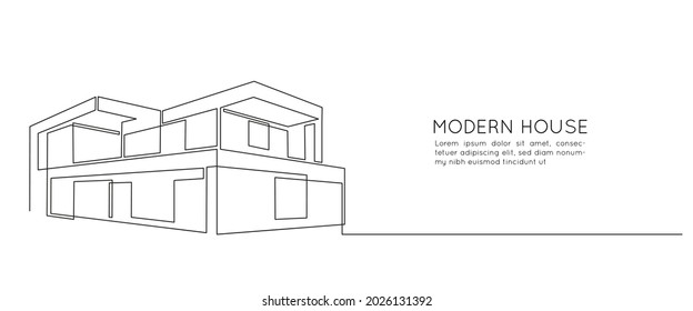 One continuous line drawing of modern house with minimalist architecture. Trendy two story villa in doodle linear style isolated on white background. Vector illustration