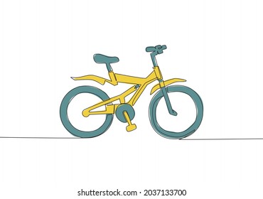 Eine durchgehende Zeichnung des modernen und trendigen Fahrradkinderlogos. Fun Bike Konzept. Vektorgrafik-Design für einzelne Linien