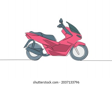 One continuous line drawing of modern luxury Asian underbone motorbike logo. Big automatic motorcycle concept. Single line draw design vector illustration