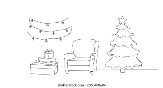 One Continuous Line Drawing Of Modern Interior With Armchair And Christmas Tree, Gift Boxes And Garland. Stylish Furniture For Living Room Decor In Simple Linear Style. Vector Illustration