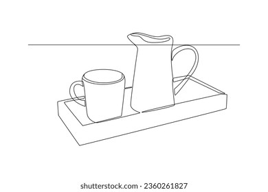 One continuous line drawing of Modern ceramic kitchen utensils concept. Doodle vector illustration in simple linear style. 