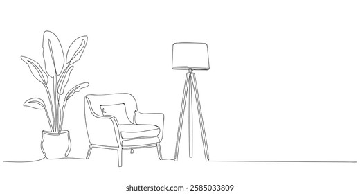 one continuous line drawing modern living room. Armchair, floor lamp in linear style. Modern interior design featuring a minimalist chair, lamp, and potted plant in simple line drawing style.