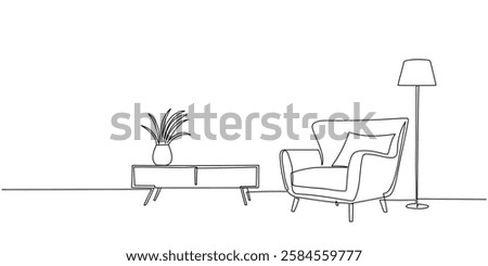 one continuous line drawing modern living room. Armchair, nightstand and floor lamp in linear style. Scandinavian stylish furniture for living room or hotel concept. Doodle illustration