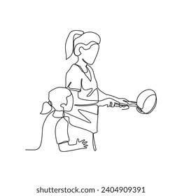 One continuous line drawing of a mom and child is cooking for a party at a restaurant vector illustration. Design with Minimalist black linear design. Chef themes for your business asset design.