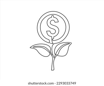 One Continuous line drawing of money tree plant with coin dollar. Growing coin tree symbol and finance investment increase concept in simple linear style. 