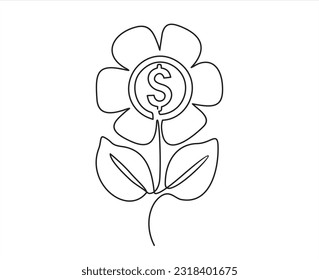 One Continuous line drawing of money flowers with coin dollar. Growing coin tree symbol and finance investment increase concept in simple linear style. 