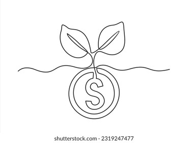 One Continuous line drawing of money tree plant with coin dollar. Growing coin tree symbol and finance investment increase concept in simple linear style. 