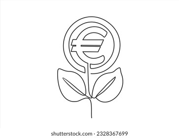 Una línea continua de la planta de árboles de dinero con moneda de euro. El crecimiento del símbolo del árbol de monedas y la inversión financiera aumentan el concepto en un estilo lineal simple. 