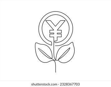 Una línea continua de la planta de árboles de dinero con moneda de yuan chino. El crecimiento del símbolo del árbol de monedas y la inversión financiera aumentan el concepto en un estilo lineal simple. 