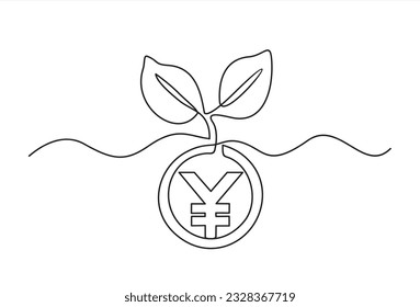 One Continuous line drawing of money tree plant with coin Chinese yuan. Growing coin tree symbol and finance investment increase concept in simple linear style. 