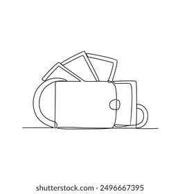 One continuous line drawing of money in the wallet vector illustration. Economic themes in simple linear style vector design concept. Investment is process of allocating resources like money and home.