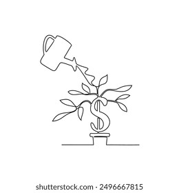 One continuous line drawing of Money Plant vector illustration. Economic themes in simple linear style vector design concept. Investment is process of allocating resources like money and home.