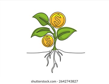 One Continuous line drawing of Money plant growth. Concept of saving and investment. One line draw graphic design vector illustration. Hand drawn one line vector. Editable stroke	