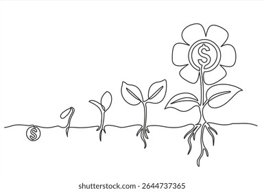 One Continuous line drawing of Money plant growth process. Concept for return money saving and investment. One line draw graphic design vector illustration	Hand drawn one line vector. Editable stroke
