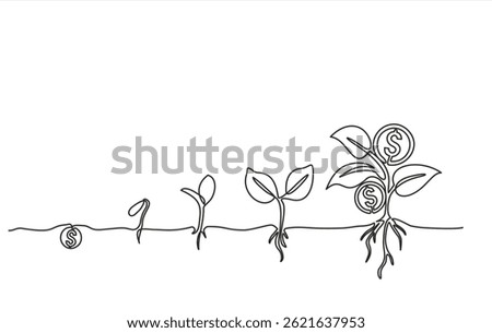 One Continuous line drawing of Money plant growth process. Concept for return money saving and investment. One line draw graphic design vector illustration
