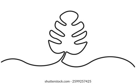 One continuous line drawing monstera leaf vector illustration. Tropical leaf monoline design vector