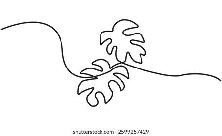 One continuous line drawing monstera leaf vector illustration. Tropical leaf monoline design vector