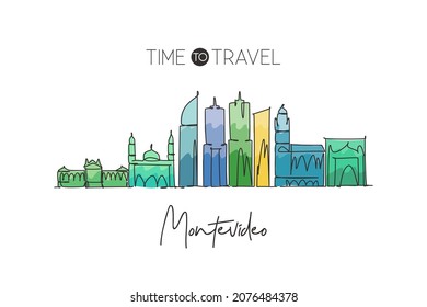 One continuous line drawing of Montevideo city skyline, Uruguay. Beautiful landmark. World landscape tourism and travel vacation. Editable stylish stroke single line draw design vector illustration