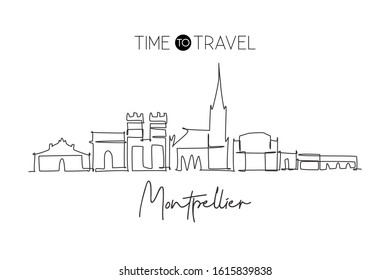 One continuous line drawing Montpellier city skyline. Beautiful skyscraper. World landscape tourism travel home wall decor poster vacation concept. Stylish single line draw design vector illustration