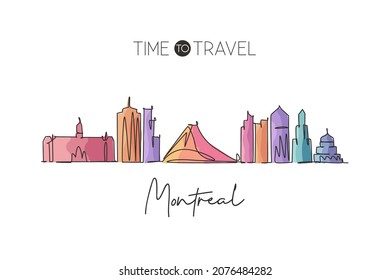 One continuous line drawing Montreal city skyline, Canada. Beautiful landmark home wall decor poster print. World landscape tourism travel vacation. Stylish single line draw design vector illustration