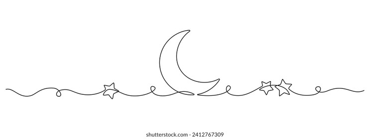 One continuous line drawing of Moon with stars. Ramadan Kareem banner in simple linear style. Sleep symbol with crescent in Editable stroke. Doodle vector illustration