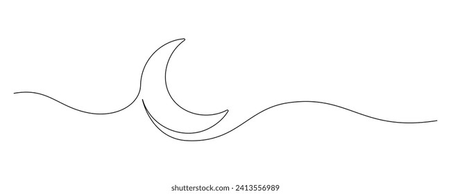 One continuous line drawing of Moon. Ramadan Kareem banner in simple linear style. Sleep symbol with crescent in Editable stroke. Doodle hand drawn vector illustration.