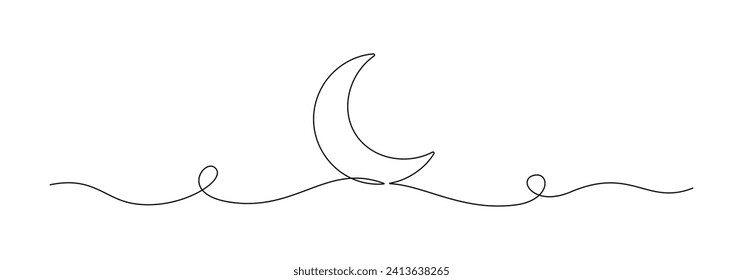 One continuous line drawing of Moon. Ramadan Kareem banner in simple linear style. Sleep symbol with crescent in Editable stroke. Doodle flourish vector illustration